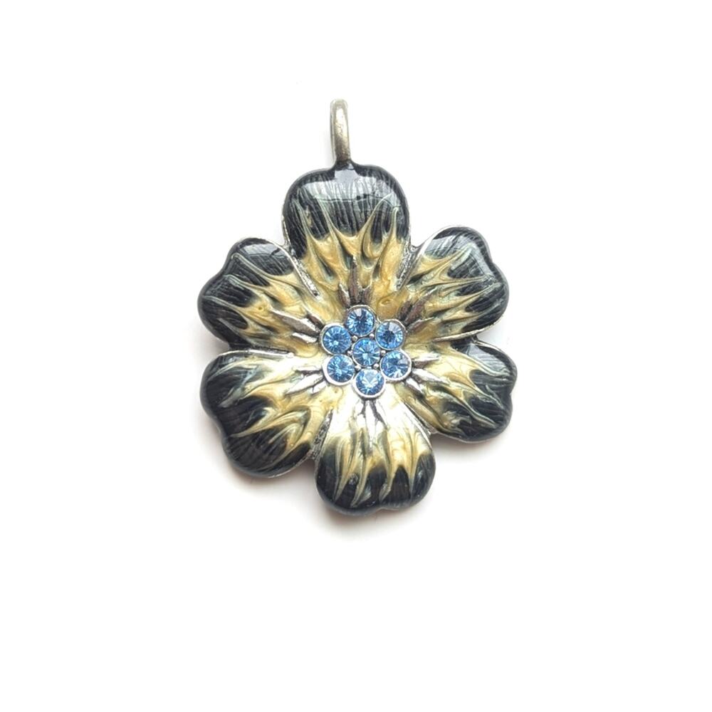 Vintage Avon Silver Tone Enamel Floral Pansy Blue Rhinestone Flower Pendant